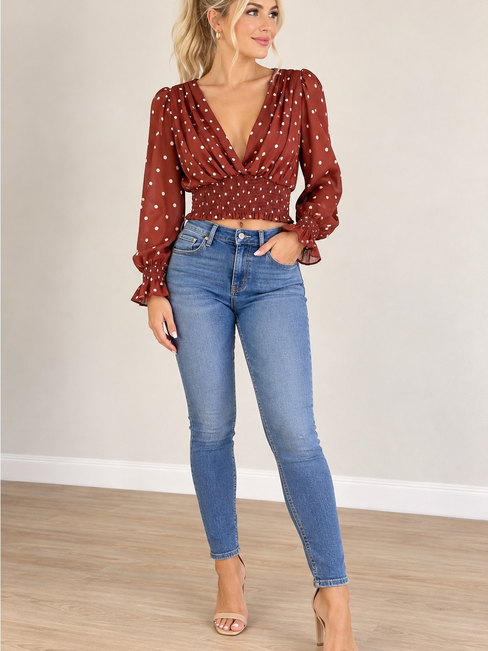 Zara Rust with Cream Polka Dot Smocked V-Neck Crop Top